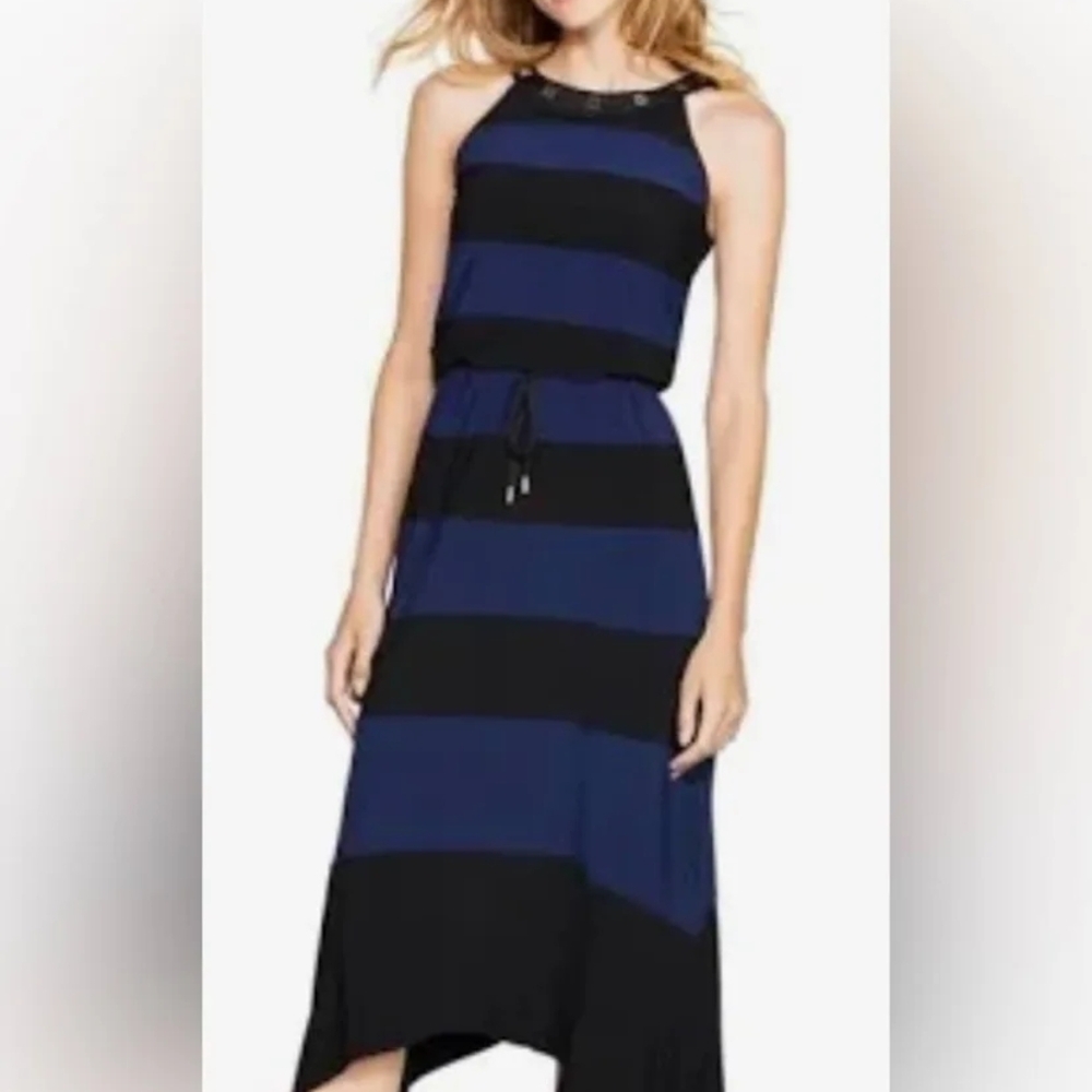 Black Blue Colorblock Halter Shark Bite Maxi Dress Med Nautical Evening Resort